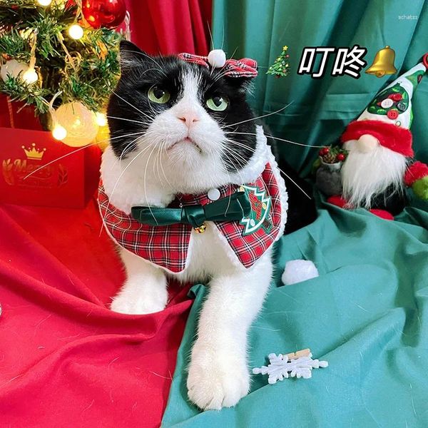 Disfraces de gato Navidad invierno capa cálida collar de mascota ropa a cuadros capa chal babero decoración traje de perro