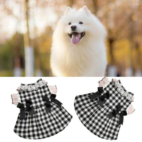 Disfraces de gato vestido de perro cuello redondo encaje patchwork perlas falsas decoración estampado a cuadros mascota princesa retro ropa elegante falda