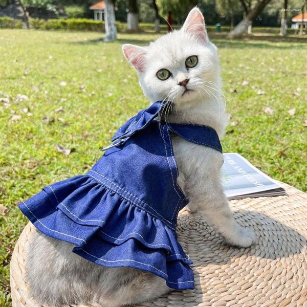 Disfraces de gato Vestido para perros con arnés Ropa para parejas de mascotas Gatito de verano Chaleco de mezclilla Estilo de chaqueta Collar para caminar Plomo