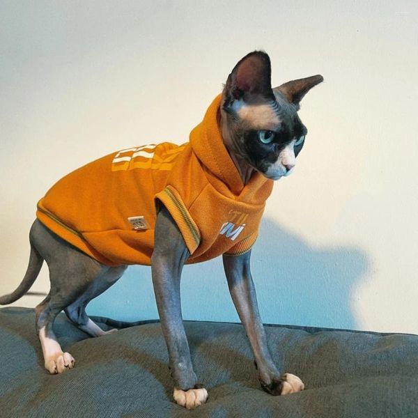 Disfraces de gato Abrigo con capucha de lana para Sphynx Sudadera con letras gruesas Mangas cortas para hombre Ropa cálida Conjunto de gatitos en invierno