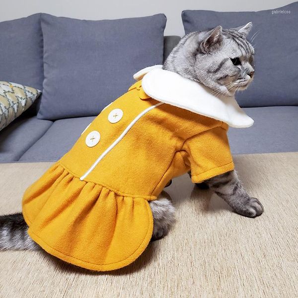 Costumes de chat chaton poupée col robe en laine tenues pour animaux de compagnie chiot chien automne hiver chaud boutons nœud papillon manteau mignon jupe plissée