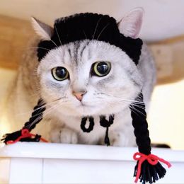 Trajes de gato capa de cabeça de gato de malha linda garota torção trança animal de estimação troca de chapéu peruca mão enfeites engraçados 230714