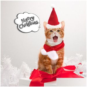 Costumes de chat Joyeux Noël Pet Chapeaux Chiot Santa Hat Écharpe Ensemble Kitty Hiver Chaud Foulard Petits Animaux Costume De Noël Drop Delive Dh169