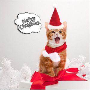 Costumes de chat Joyeux Noël Chapeaux pour animaux de compagnie Chiot Chapeau de Père Noël Écharpe Ensemble Kitty Hiver Chaud Foulard Petits Animaux Costume de Noël Drop Delive Dhlih