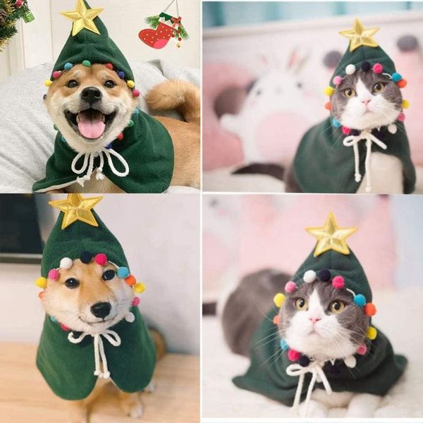 Chat Costumes Pet Costume De Noël Chiot Cape De Noël Avec Pompons Étoiles Santa Cape Chapeau Fête Cosplay Robe Pour Chats Petit Chien