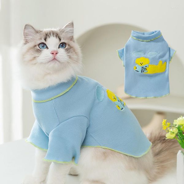 Disfraces de gato, camisa inferior con borde de oreja para mascota, marioneta de primavera/verano, ropa de gatito azul, ropa fina anticaída para el hogar para gatito