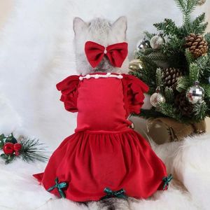 Disfraces de gato falda para mascotas elegante vestido de Navidad con tocado de lazo rojo para perros suministros de disfraces de princesa