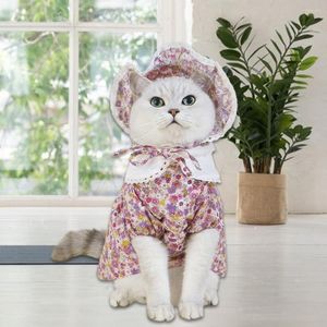 Costumes de chat Jupe pour animaux de compagnie Impression florale Col à revers Mince Bonne ductilité Habillage confortable avec chapeau Vêtements d'été pour chat Tenues pour chiens