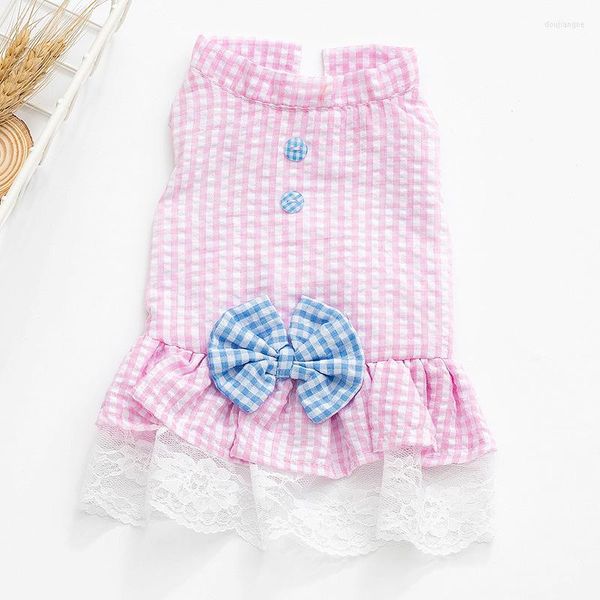 Chat Costumes Princesse Dentelle Manches Déguisements Pour Petits Chiens Plaid Noeud Papillon Western Style Pet Vêtements XXL Doux Bleu Chaton Jupe