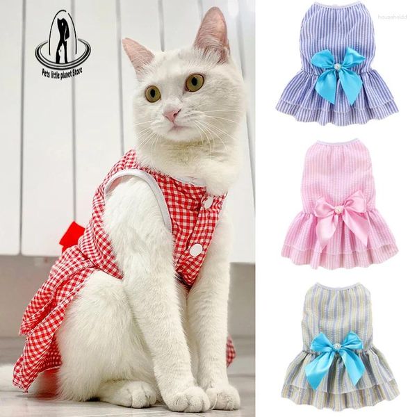Costumes de chat, robe de princesse pour chiot, vêtements d'été pour animaux de compagnie, robes à carreaux rayées avec nœud pour chats chaton lapin Sphynx, vêtements pour chiens