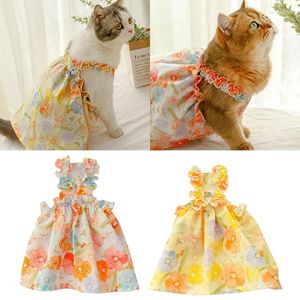 Disfraces para gatos Vestido para perros pequeños Falda para mascotas con flores Vestidos para cachorros pintados al óleo Correa Ropa de princesa Yorkshire