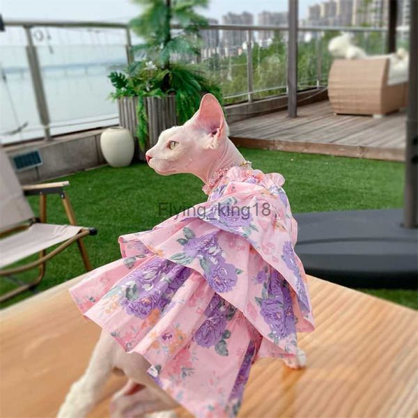 Costumes de chat Sphynx chat gâteau robe dentelle florale coton rose jupe pour chatons sans poils chat vêtements doux mince matériel Devon Rex jupe pour animal de compagnie HKD230921