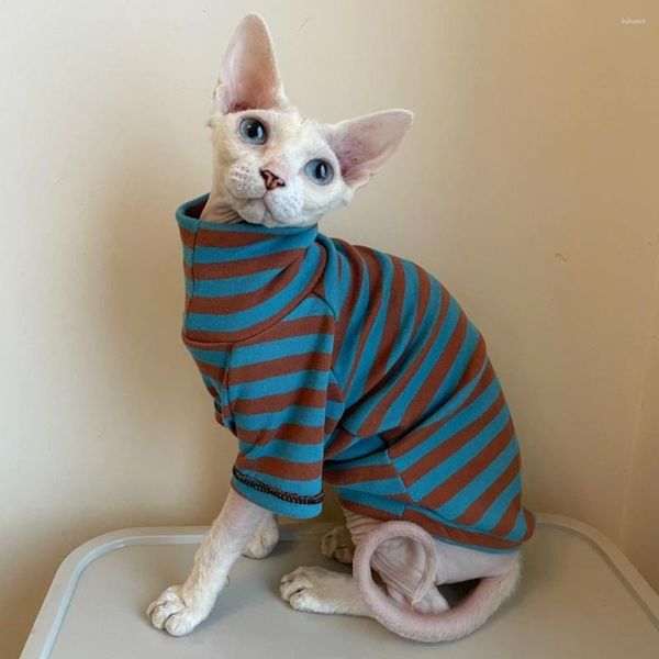 Disfraces de gato Ropa Sphynx Abrigo a rayas para hombre Azul suave Cuello alto Camiseta interior de invierno Devon Rex Mangas largas Ropa de dormir Primavera