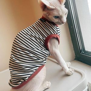 Kat kostuums Gestreept katoenen shirt voor Sphynx Zacht kaki Mouwloze jas Kittens Elestic Vest Devon Rex Loungewear Katten Honden