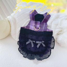 Chat Costumes Doux Violet Plaid Pet Gilet Jupe Harnais Costume Laisse Pour Chien Noir Dentelle Maid Robe D'été Vêtements Corde Ceinture Teddy Accessoires