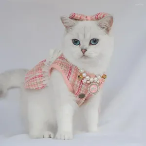 Disfraces de gato Vestido de perro de moda Linda mascota con tocado de arco Decoración floral de perlas de imitación para perros Gatos Princesa Ropa para cachorros