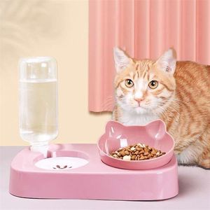 Cat dog Bowl Dispensador de agua Almacenamiento automático de agua Pet Dog Cat Food Bowl Contenedor de comida con Waterer Pet Waterer Feeder 2in1 210320