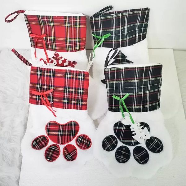 Bas de noël patte de chien et chat, décoration de chaussettes de noël, motif d'empreinte de flocon de neige, bas de noël, sac cadeau de bonbons aux pommes pour enfant WLY935