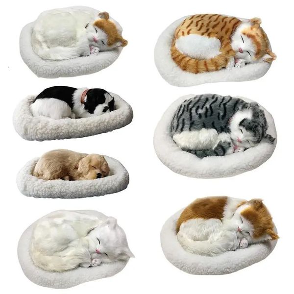 Chat chien dormir en peluche ornement respiration fourrure peluche jouet avec tapis électronique animal de compagnie pour la décoration de la chambre à coucher à la maison 240220