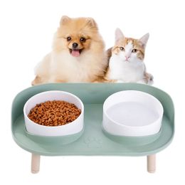 Cat Double Bowl Safety with Wood Stand et Silicone Mat chaton chiot alimentaire alimentaire alimentation à plat surélevé pour chiens.