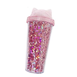 Oreille De Chat Clignotant Double Couche Tasse Mignon Dessin Animé Créatif En Plastique Tasses Gobelet Jus De Paillettes Bouteille De Vin Avec Paille Cadeau Tasse Copa Intermitente De Doble Capa