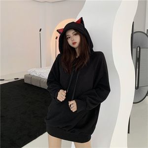 Kat Oor Sweatshirt Dames Mode Pluche Herfst en Winter Kleding Koreaanse Losse Hooded Jas Medium Lengte Womens Winter Tops 211109