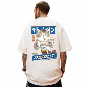 Kat Eet Ramen Middernacht Kantine Print Heren Cott T-shirts Japanse Harajuku Casual Kleding Oversize All-wiskunde Man Korte Mouw 06Hd #