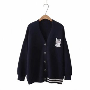 Cat Embroidery Sweater Cardigan Dames herfst winter gebreide jassen eenvoudige warme vestjassen Casual lg mouw dikke top e9z9#