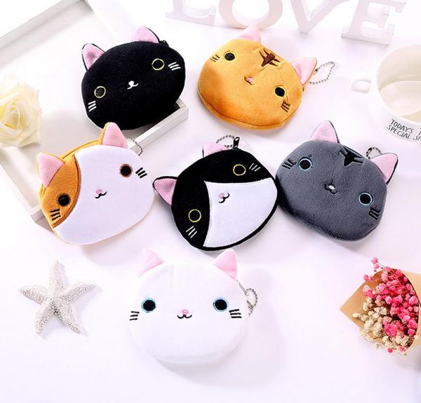 Chat visage en peluche porte-monnaie Expression pochette mignon dessin animé Animal doux fermeture éclair portefeuille sac pendentifs breloque