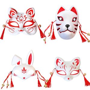 Masque de Cosplay complet de chat, masques de décoration de Festival d'été japonais avec cloche à pompon, fournitures de Cosplay Kabuki blanc peint à la main pour femmes et hommes