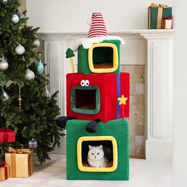 Muebles para gatos Rascadores Marco de escalada de Navidad Nido 2 en 1 Árbol de tres capas Suministros de regalo de invierno cálidos 231211