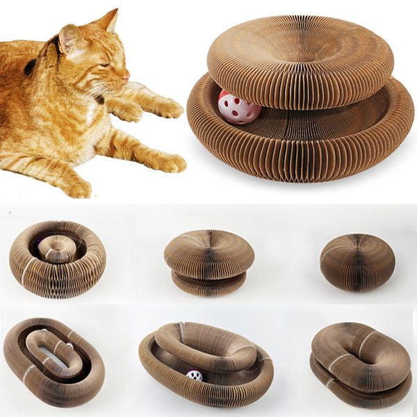 Cat Meubles Scratters Magic Organ Pliable Cat Scratch Board jouet avec cloche Cat grincement griffe d'escalade de chat rond les chats ondulés Toys interactifs 230704