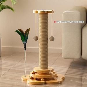 Meubles pour chats Scratchers Jouet pour animaux de compagnie Plateau tournant en bois massif Boules de bâton drôles Fournitures de planche à gratter en sisal durable Colonne de saisie 231027