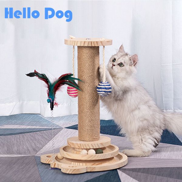 Muebles para gatos Rascadores Torre de madera de tamaño pequeño Árbol de sisal natural Pista multifuncional Juguete interactivo Teaser Stick Gatito Juguetes 230606