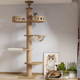 Cat Furniture Scratchers Boom van vloer tot plafond Toren Verstelbaar Kitten MultiLevel Condo met krabpaalkussen Hangmat Pet Activity Centre 230606