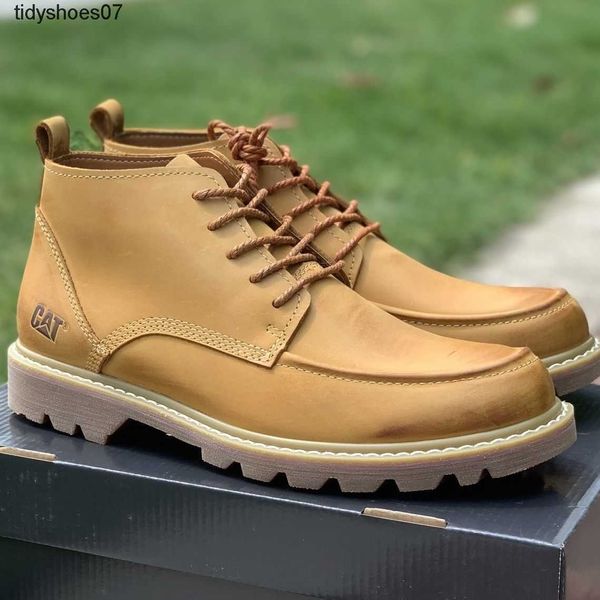 Zapatos casuales para exteriores con cordones y punta redonda de cuero genuino CAT con ropa de trabajo transpirable de alta ayuda, zapatos de cuero para hombres resistentes al desgaste y antideslizantes