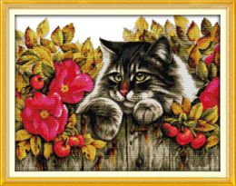 Peinture de décoration de maison chat dans les fleurs, outils artisanaux de point de croix faits à la main, ensembles de broderie, impression comptée sur toile DMC 14CT / 11CT