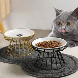 Cat Lift Bowl met metalen standaard Pet Ceramic Food Snacks voeden verhoogde feeder Kitten Puppy Dish Dog Supplies Accessoires 240429