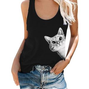 Gato mirando fuera de impresión mujeres camisetas sin mangas casual divertido casual manga camisola para dama niña x0507