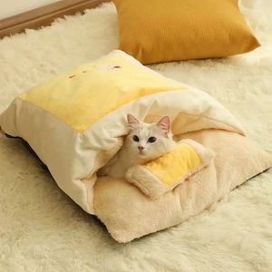 Nid de chat hiver chaud épaissi hiver semi-fermé résistant au froid fournitures de nid de chat maison de chat couette amovible et lavable dormir 240226