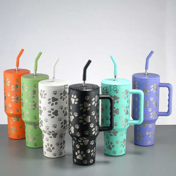 Cat Paw Print 40 oz en acier inoxydable flacons sous vide tasse de paille avec poignée froid chaud voyage thermos bouteille d'eau tasse thé tasse à café HKD230807