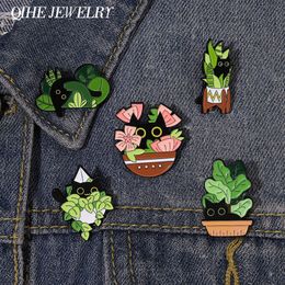 Broche en émail plante de chat, joli revers en métal en pot, feuilles vertes, bijoux, Badge, vêtements, chapeau, pull, vente en gros, accessoires cadeaux