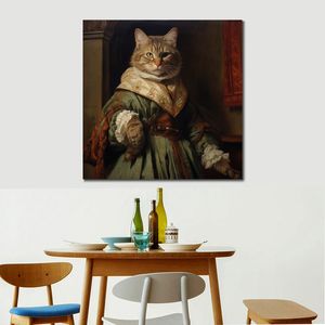 Cat Portrail Picture Wirehare Middeleeuws Kostuum Animal Post Print op Canvas voor Nieuwe Woonkamer Muur Decor