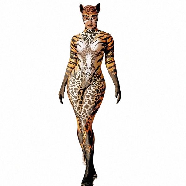 Cat Print Skinny Combinaison Sexy Zentai Femme Party Outfit Femmes Party Show Performance Stage Wear Halen Cosplay Costume N0f3 #
