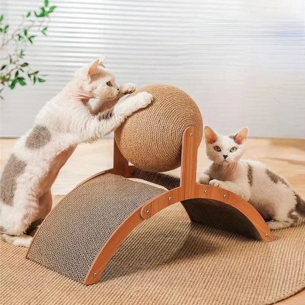 Tablero de rascado para gatos Gatos de madera Agarrando bola Garra de molienda Espada envuelta a mano Cuerda de cáñamo Marco de escalada para gatos Suministros para mascotas 240309