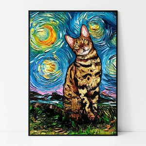 Cat Starry Night Van Gogh Tolevas Peintures Affiches d'art abstraites et imprimés Image d'art mural pour le salon Décoration de la maison