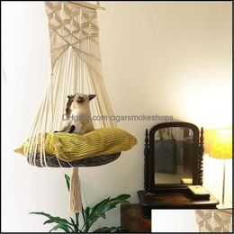 Kat Schommel Hangmat Boho Stijl Kooi Bed Handgemaakte Hangende Slaapstoel Zitplaatsen Kwastje Katten Speelgoed Spelen Katoenen Touw Huisdieren Huis Drop Delivery3336