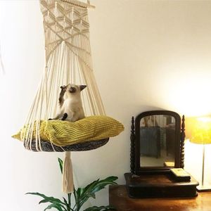 Hamac balançoire pour chat, Style Boho, lit-Cage, fait à la main, chaise de sommeil suspendue, avec pompon, jouet pour chats, corde en coton, pour animaux de compagnie, House277D