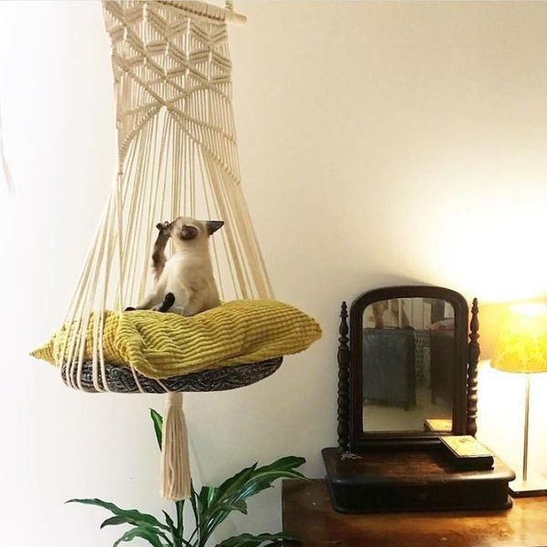 Columpio para gatos, hamaca Estilo bohemio, cama tipo jaula hecha a mano, silla colgante para dormir, asientos con borlas, juguete para gatos, cuerda de algodón, casa para mascotas 2770