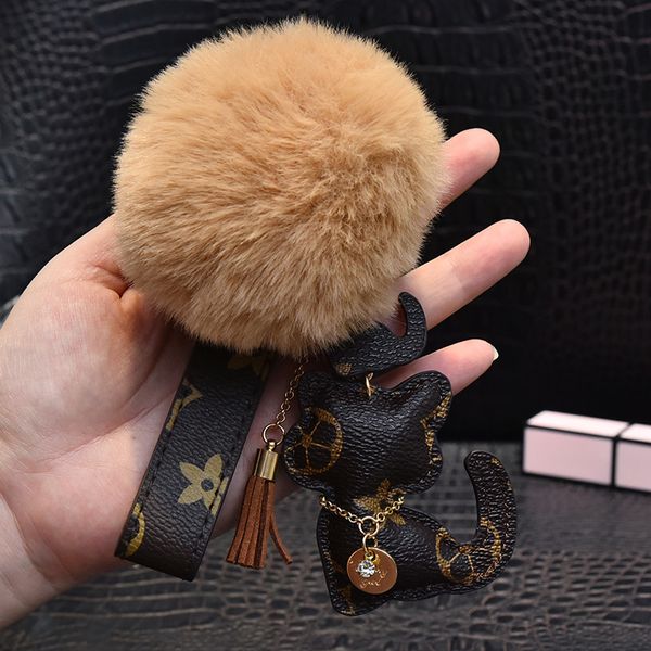 Gato Oso de peluche Pompón Llaveros Moda Rhinestone Llavero Anillo Cuero de la PU Hebillas de coche Bolso de la joyería Accesorios del encanto Animal Llavero Titular